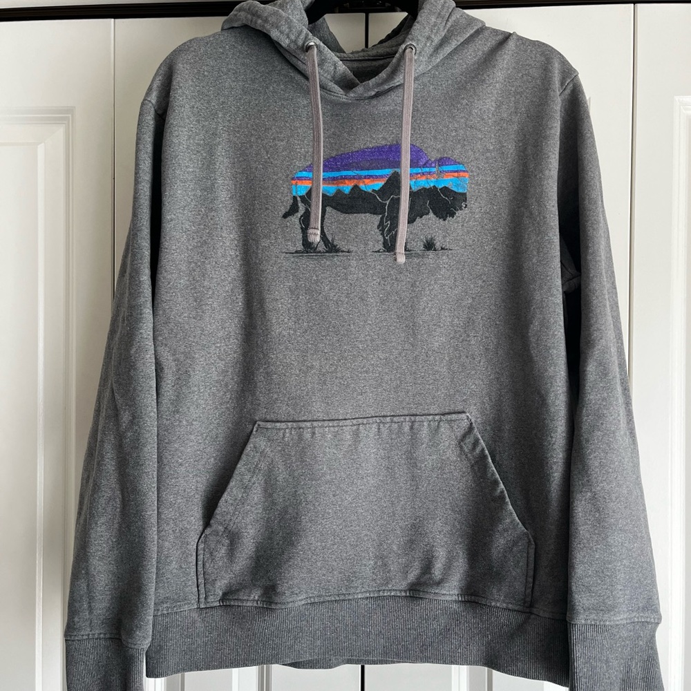 Gray Patagonia Hoodie with Buffalo Graphic